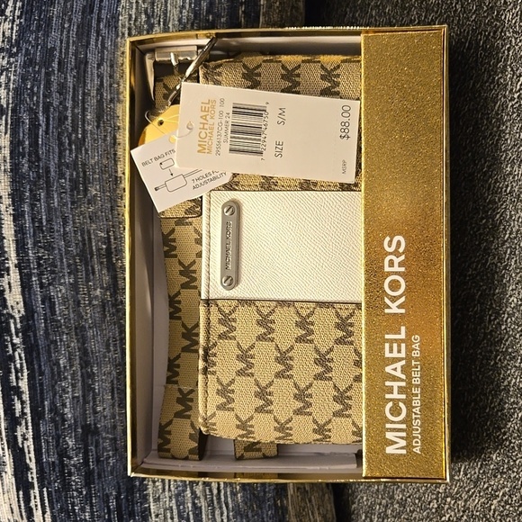 MICHAEL KORS White/Tan MK Monogram Adjustable Waist Belt w/Small Fanny Pack, NWT - Picture 1 of 8